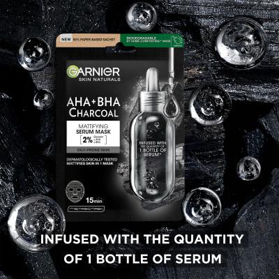 Garnier Skin Naturals AHA + BHA Charcoal Mattifying Serum Mask Mască de față pentru femei 1 buc