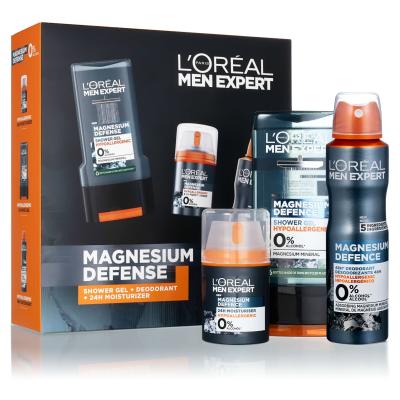 L&#039;Oréal Paris Men Expert Magnesium Defence Set cadou Cremă de zi pentru față Men Expert Magnesium Defence 24h Moisturizer 50 ml + deodorant Men Expert Magnesium Defence 150 ml + gel de duș Men Expert Magnesium Defence Shower Gel 300 ml