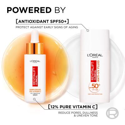 L&#039;Oréal Paris Revitalift Clinical Pure 12% Vitamin C Set cadou ser facial Revitalift Clinical Vitamin C Serum 30 ml + Cremă de zi pentru față Revitalift Clinical Vitamin C Anti-UV Fluid SPF50 50 ml