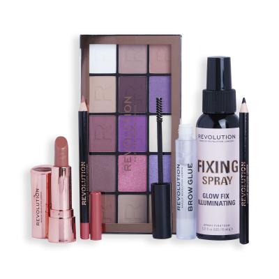 Makeup Revolution London Get The Look Smokey Icon Set cadou Paleta farduri de pleoape Reloaded Eyeshadow Palette 16,5 g + spray fixator Glow Fix Illuminating Fixing Spray 30 ml + creion de ochi Kohl Eyliner 1 g Black + ruj de buze Satin Kiss Lipstick 3,5 g Chauffeur + gel de sprancene Brow Glue 3 ml