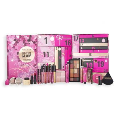 Makeup Revolution London 24 Days Of Glam Advent Calendar Set cadou Creion de buze 2 buc + creion de sprancene 1 buc + gel de sprancene 1 buc + baza pentru machiaj 1 buc + ruj de buze 4 buc + luciu de buze 1 buc + ulei de buze 1 buc + fard de pleoape 3 buc + pudra 2 buc + fard de obraz 2 buc + ilumin