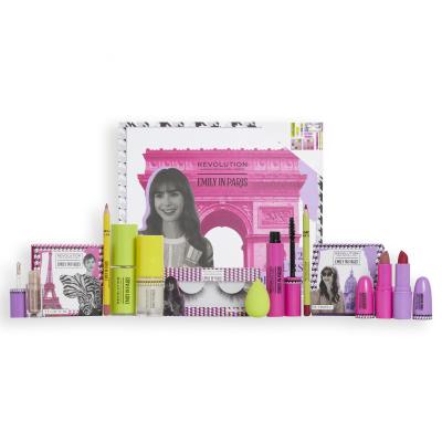 Makeup Revolution London Emily In Paris 12 Jours De Paris Advent Calendar Set cadou Fard de pleoape 3 buc + mascara 1 buc + burete pentru machiaj 1 buc + spray fixator 1 buc + ruj de buze 2 buc + baza pentru machiaj 1 buc + gene false 1 pereche + creion de buze 2 buc