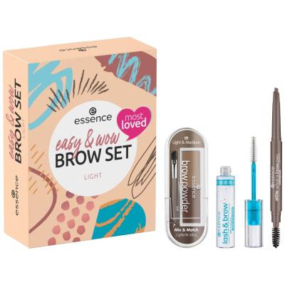 Essence Easy &amp; Wow Brow Set Set cadou Creion de sprancene What A Brow Pen Waterproof 0,2 g 01 Light Brown + mascara pentru sprancene Lash &amp; Brow Gel Mascara 9 ml + pudra de sprancene Brow Powder 2,3 g 01 Light &amp; Medium