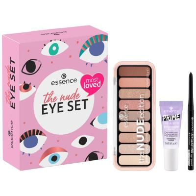 Essence The Nude Eye Set Set cadou Paleta de farduri de pleoape The Nude Edition 10 g + creion de ochi rezistent 0,28 g 01 Black Fever + baza de machiaj pentru pleoape Prime Like A Boss 5 ml