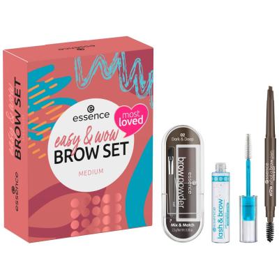 Essence Easy &amp; Wow Brow Set Set cadou Creion de sprancene What A Brow Pen Waterproof 0,2 g 03 Dark Brown + mascara pentru sprancene Lash &amp; Brow Gel Mascara 9 ml + pudra de sprancene Brow Powder 2,3 g 02 Dark &amp; Deep