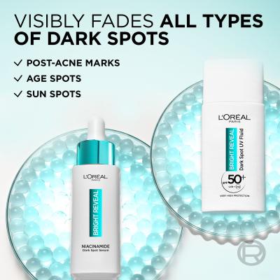 L&#039;Oréal Paris Bright Reveal Dark Spot UV Fluid SPF50+ Set cadou Crema  de zi Bright Reveal Dark Spot UV Fluid SPF50 50 ml + ser pentru fata Bright Reveal Niacinamide Dark Spot Serum 30 ml