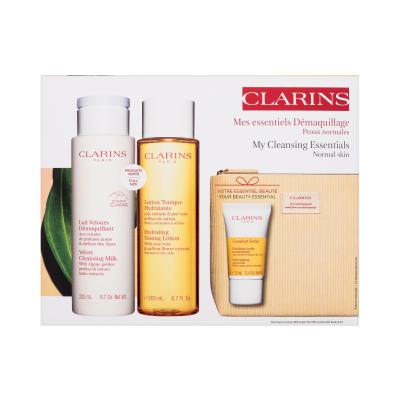 Clarins My Cleansing Essentials Normal Skin Set cadou Lapte de curățare Velvet Cleansing Milk 200 ml + loțiune tonică Hydrating Toning Lotion 200 ml + exfoliant Nourishing Oil Scrub 15 ml + geantă cosmetică ecologică