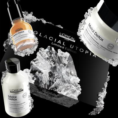 L&#039;Oréal Professionnel Metal Detox Glacial Utopia Limited Edition Set cadou Șampon Metal Detox 300 ml + mască de păr Metal Detox 250 ml + ulei de păr Metal Detox Professional Concentrated Oil 50 ml