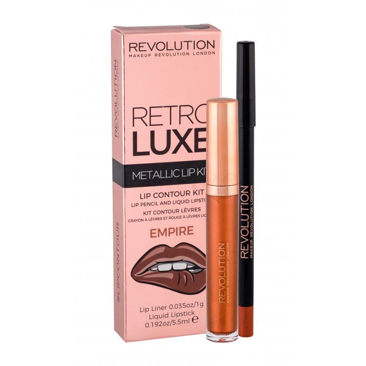 Makeup Revolution London Retro Luxe Metallic Lip Kit Set cadou Ruj de buze lichid  5,5 ml + creion contur de buze 1 g