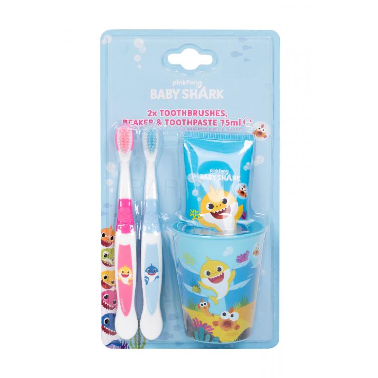 Pinkfong Baby Shark Set Set cadou periuta de dinti 2 buc + pasta de dinti 75 ml + suport pentru periuta de dinti