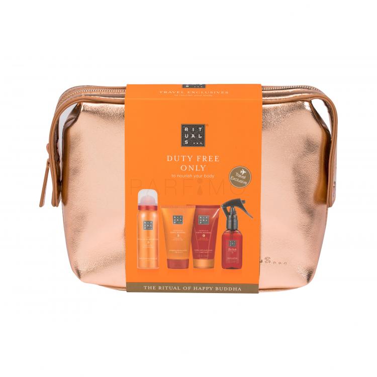 Rituals The Ritual Of Happy Buddha Travel Kit Set cadou spuma de dus 50 ml + lotiune de corp 70 ml + exfoliant de corp 70 ml + parfum spray de interior 50 ml + geanta cosmetica