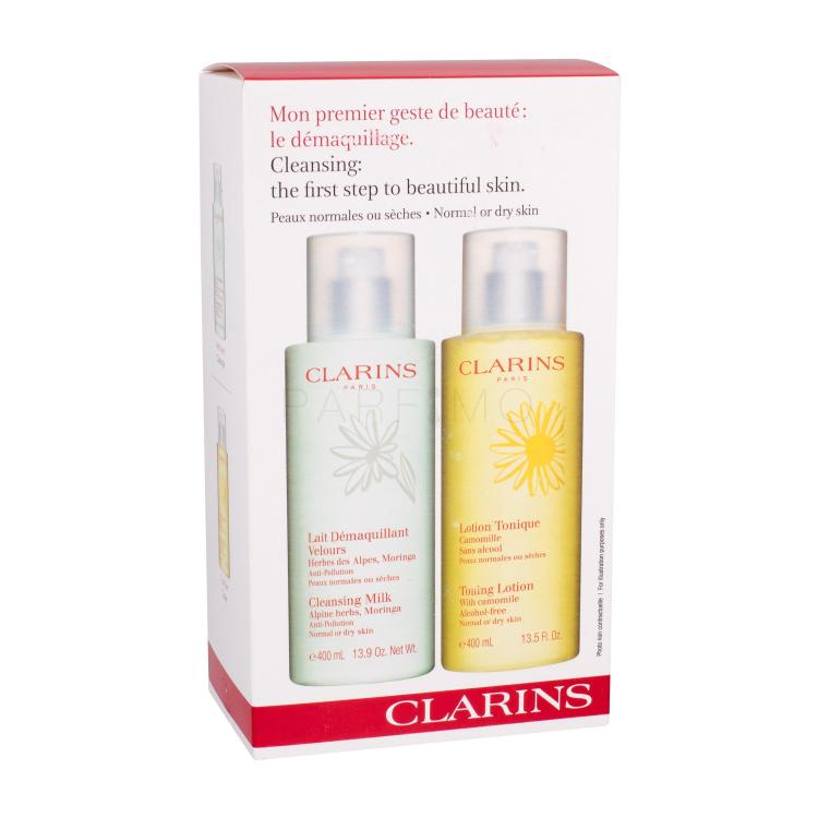 Clarins Cleansing Milk With Alpine Herbs Set Set cadou lotiune demachianta 400 ml + lotiune tonica Toning Lotion 400 ml Cutie cu defect