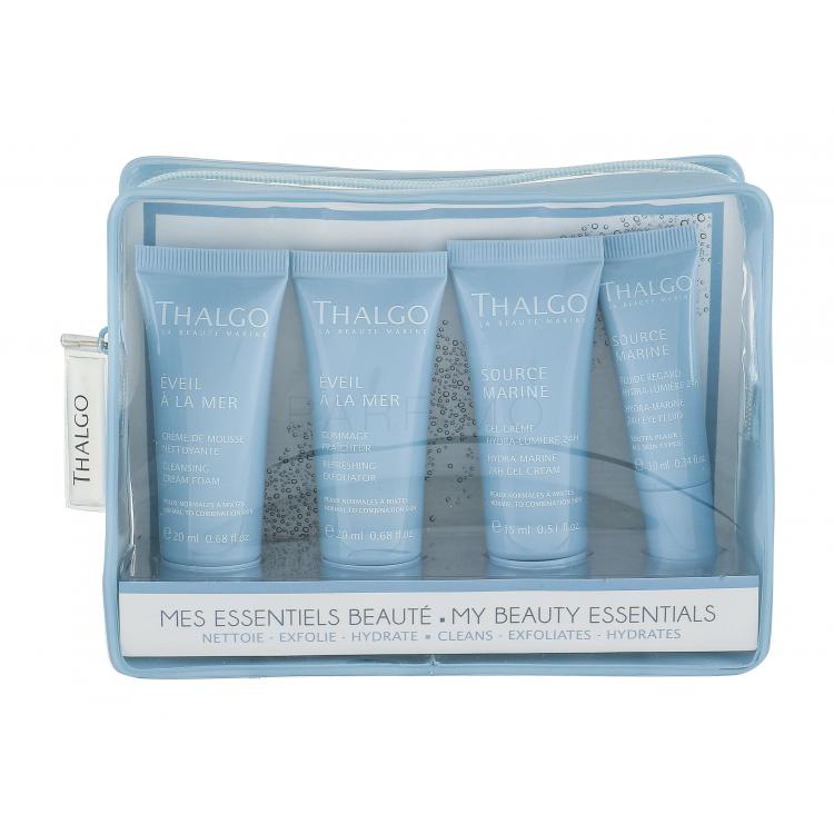 Thalgo Source Marine Hydra-Marine 24H Set cadou crema de zi 15 ml + crema de ochi 10 ml + spuma de curatare Éveil á la Mer 20 ml + exfoliant Éveil á la Mer 20 ml + geanta cosmetica