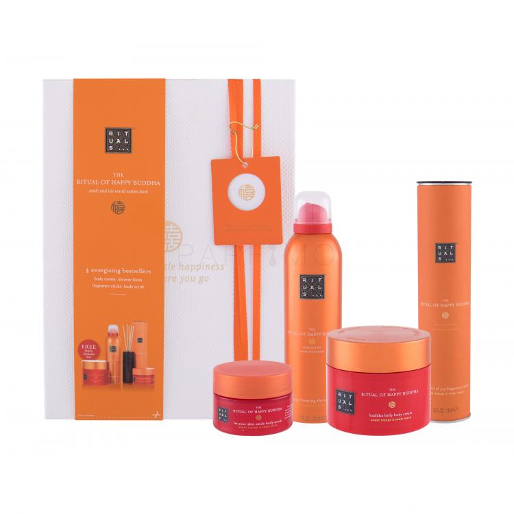 Rituals The Ritual Of Happy Buddha Set cadou crema de corp 200 ml + spuma de dus 200 ml + exfoliant de corp 125 g + bete parfumate