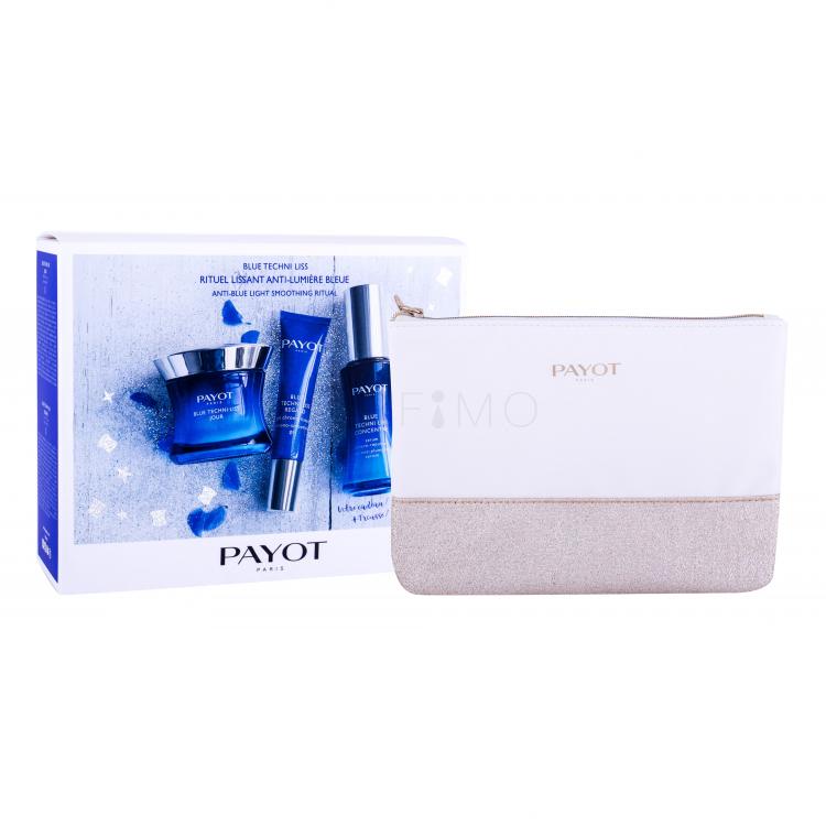 PAYOT Blue Techni Liss Concentré Set cadou ser pentru ten 30 ml + crema de zi 50 ml + Blue Techni Liss Regard gel pentru ochi 15 ml + geantă cosmetică