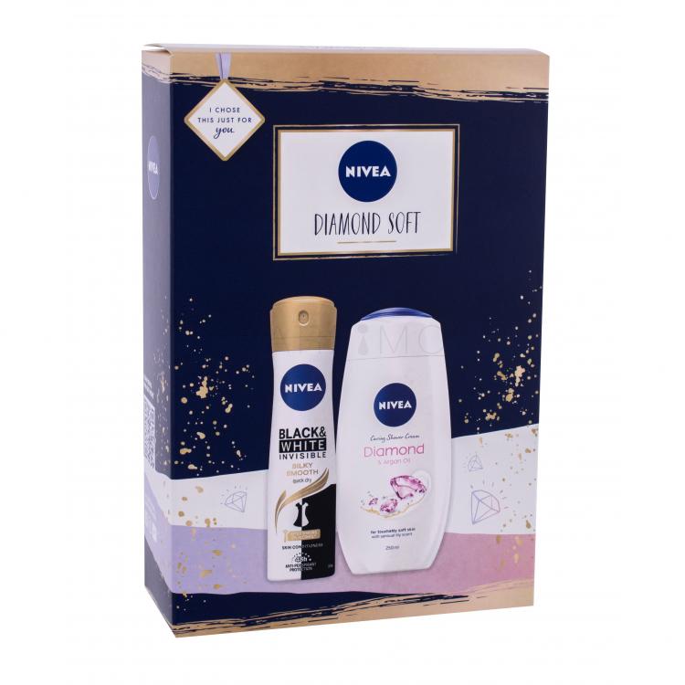 Nivea Diamond Soft Set cadou Cremă de duș Care &amp; Diamond 250 ml + anti-perspirant alb-negru Invisible Silky Smooth 150 ml