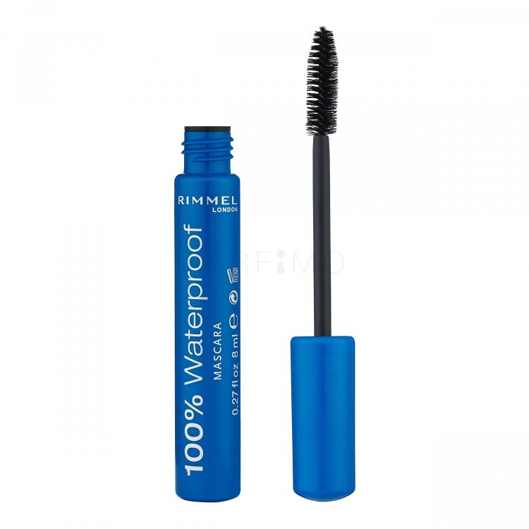 Rimmel London 100% Waterproof Mascara pentru femei 8 ml Nuanţă 001 Black Black