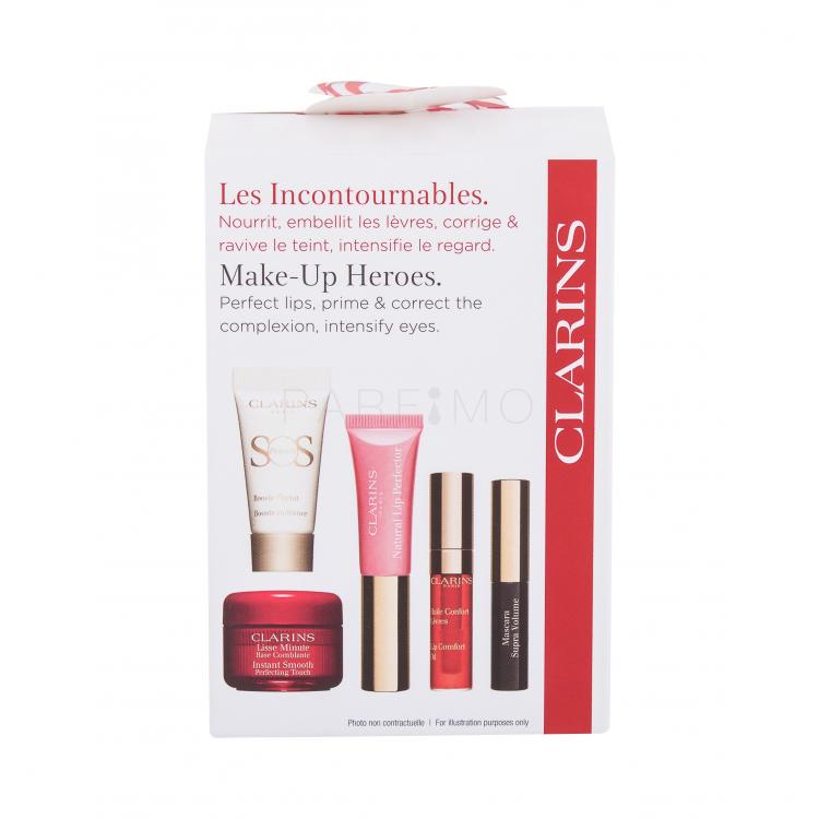 Clarins Make-up Heroes Set cadou mascara Supra Volume 3.5 ml + baze de netezire Perfecting Touch 4 ml + ulei de buze 2.8 ml 03 Red Berry + Natural Lip Perfector 5 ml 01 Rose Shimmer + SOS Primer 5 ml 00 Universal Light