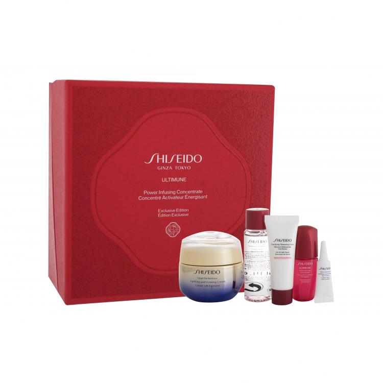 Shiseido Vital Perfection Uplifting and Firming Cream Set cadou cremă de zi Vital Perfection Uplifting and Firming Cream 50 ml + spumă de curățare Clarifying Cleansing Foam 15 ml + lapte de curățare Treatment Softener 30 ml + ser facial Ultimune Power Infusing Concentrate 10 ml + cremă de ochi Vital