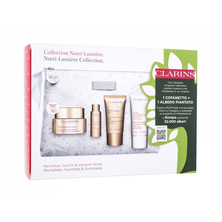 Clarins Nutri-Lumière Set cadou Cremă de zi Nutri-Lumière 50 ml + Cremă de noapte Nutri-Lumière 15 ml + Ser tratament Nutri-Lumière 10 ml + Cremă de tratament pentru mâini și unghii 30 ml + geantă cosmetică