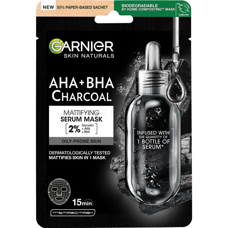 Garnier Skin Naturals AHA + BHA Charcoal Mattifying Serum Mask Mască de față pentru femei 1 buc