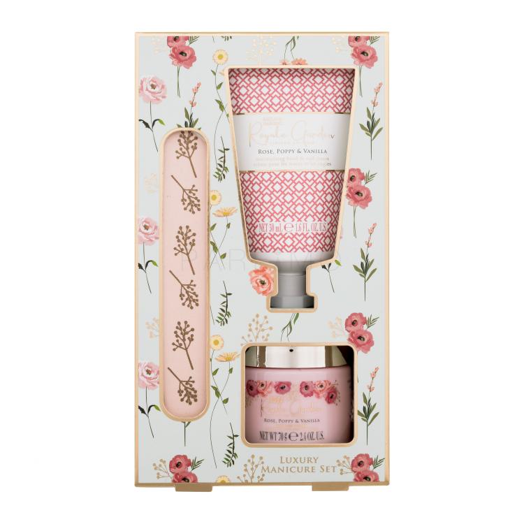 Baylis &amp; Harding Royale Garden Luxury Manicure Set Set cadou cremă de mâini Royale Garden Rose, Mac și Vanilie 50 ml + sare minerală Royale Garden Rose, Mac și Vanilie 70 g + pilă de unghii