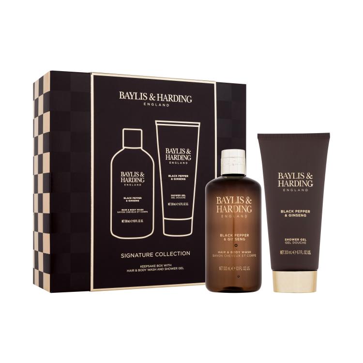 Baylis &amp; Harding For Him Black Pepper &amp; Ginseng Signature Collection Set cadou Gel de duș Black Pepper &amp; Ginseng pentru corp și păr 300 ml + Gel de duș Black Pepper &amp; Ginseng 200 ml