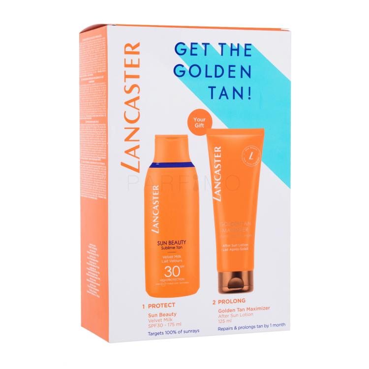 Lancaster Sun Beauty That Summer Feeling Set cadou Loțiune de plajă Sun Beauty Sublime Tan SPF30 175 ml + loțiune dupa plajă Golden Tan Maximizer After Sun Lotion 125 ml Cutie cu defect