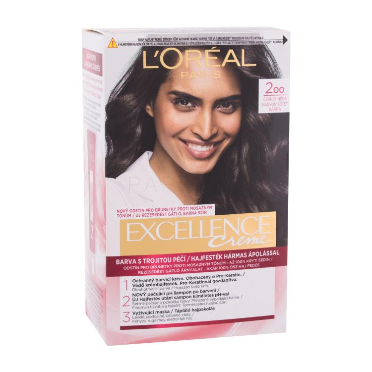 L&#039;Oréal Paris Excellence Creme Triple Protection Vopsea de păr pentru femei 48 ml Nuanţă 200 Black-Brown Cutie cu defect