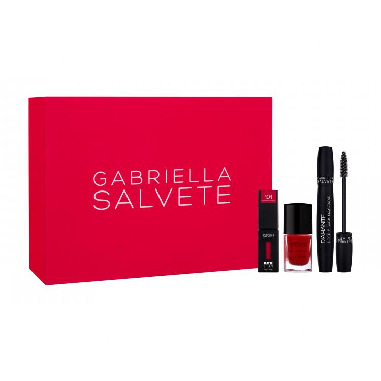 Gabriella Salvete Gift Box Set cadou Ruj Matte Lips Long Lasting 4,5 ml + mascara Diamante Deep Black Mascara 10 ml Deep Black + lac de unghii Longlasting Enamel 11 ml No. 24 Classic Red