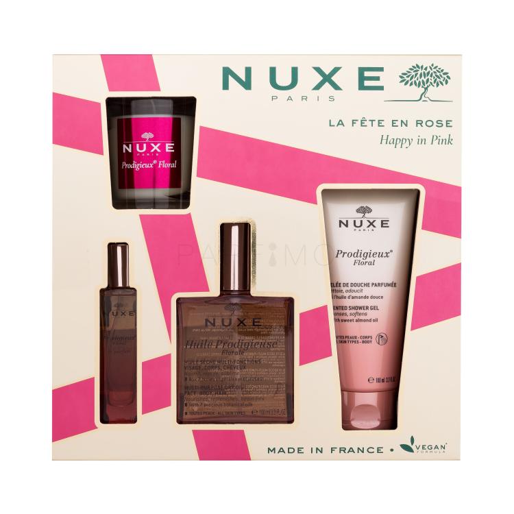 NUXE Happy In Pink Set cadou Ulei uscat Huile Prodigieuse Florale 100 ml + gel de duș Prodigieux Floral 100 ml + apă de parfum Prodigieux Floral 15 ml + lumânare Prodigieux Floral 70 g