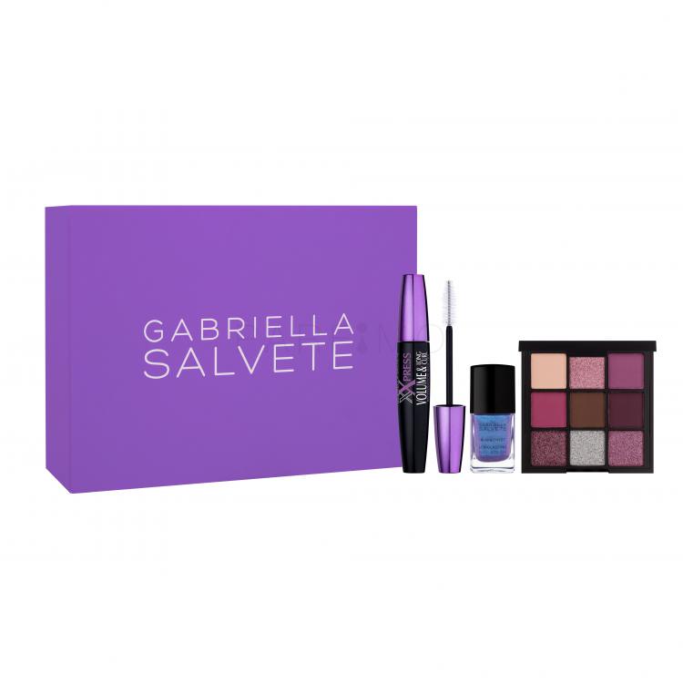 Gabriella Salvete Gift Box Set cadou Mascara xXpress Volume &amp; Long Curl Mascara 11 ml + paletă farduri de pleoape Diamante Eyeshadow Palette 9 g Violet + lac de unghii Longlasting Enamel 11 ml No. 16 Amethyst