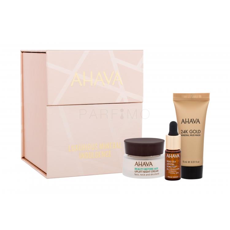 AHAVA Luxurious Mineral Indulgence Set cadou Cremă de noapte Uplift Night Cream 15 ml + ser facial Dead Sea Crystal Osmoter X6 Facial Serum 5 ml + mască facială 24K Gold Mineral Mud Mask 15 ml