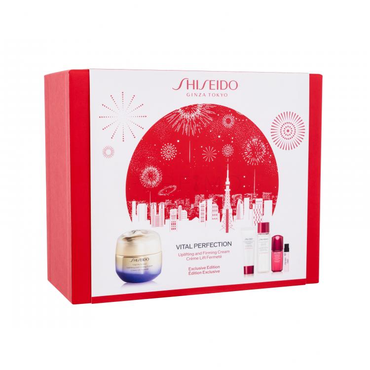 Shiseido Vital Perfection Uplifting and Firming Cream Exclusive Edition Set cadou Cremă de zi Vital Perfection Uplifting and Firming Cream 50 ml + spumă pentru curățarea feței Clarifying Cleansing Foam 15 ml + loțiune facială Treatment Softener 30 ml + ser pentru față Ultimune Power Infusing Concent