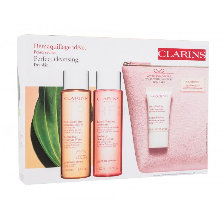 Clarins Perfect Cleansing Set cadou Apă micelară Cleansing Micellar Water 200 ml + loțiune tonică Soothing Toning Lotion 200 ml + exfoliant facial Gentle Peeling 15 ml + geantă cosmetică