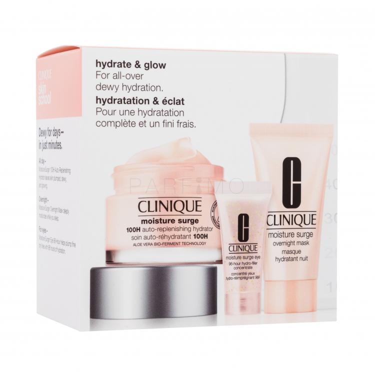 Clinique Hydrate &amp; Glow Gift Set Set cadou Cremă de față hidratantă Moisture Surge 100H Auto-Replenishing Hydrator 50 ml + mască de față Moisture Surge Overnight Mask 30 ml + gel pentru ochi Moisture Surge Eye 96-hour Hydro-filler Concentrate 5 ml