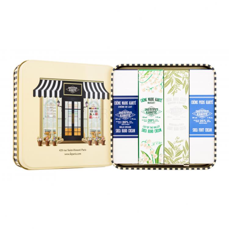 Institut Karité IKP Shop Set cadou Cremă de mâini Shea Hand Cream Lily Of The Valley 30 ml + cremă de mâini Light Hand Cream Verbena &amp; Shea 30 ml + cremă de mâini Shea Hand Cream Milk Cream 30 ml + cremă pentru picioare Shea Foot Cream 30 ml + cutie de metal