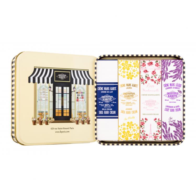 Institut Karité IKP Shop Set cadou Cremă de mâini Shea Hand Cream Jasmine 30 ml + cremă de mâini Light Hand Cream Rose Mademoiselle 30 ml + cremă de mâini Light Hand Cream Lavender &amp; Shea 30 ml + cremă de mâini Shea Hand Cream Milk Cream 30 ml + cutie de metal