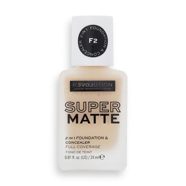 Revolution Relove Super Matte 2 in 1 Foundation &amp; Concealer Fond de ten pentru femei 24 ml Nuanţă F2