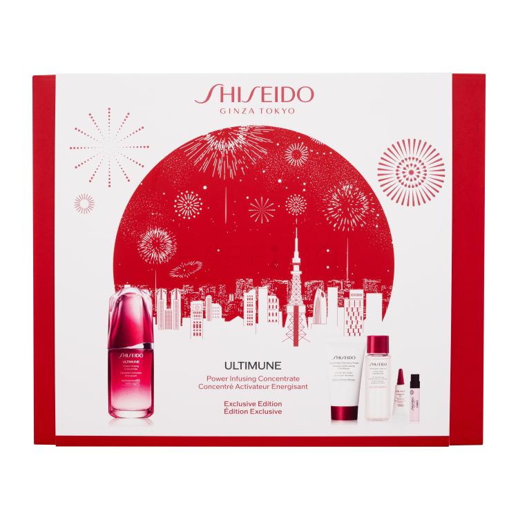 Shiseido Ultimune Power Infusing Concentrate Exclusive Edition Set cadou Ser facial Ultimune Power Infusing Concentrate 50 ml + spumă pentru curățarea feței Clarifying Cleansing Foam 30 ml + loțiune facială Treatment Softener 30 ml + ser de ochi Ultimune Power Infusing Eye Concentrate 3 ml + apă de 