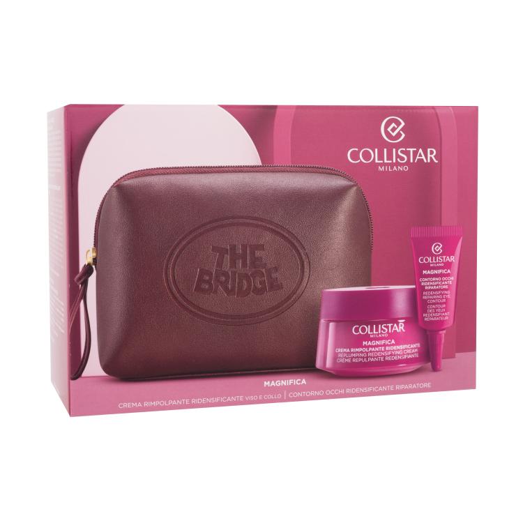 Collistar Magnifica Replumping Redensifying Cream Set cadou Cremă de zi pentru față Magnifica Replumping Redensifying Cream 50 ml + cremă de ochi Magnifica Redensifying Repairing Eye Contour 5 ml + geantă cosmetică The Bridge