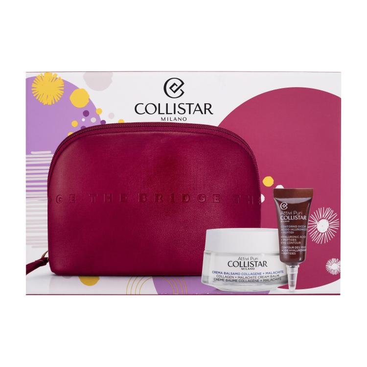 Collistar Pure Actives (Attivi Puri) Collagen + Malachite Cream Balm Set cadou Balsam facial Pure Actives Collagen Malachite Cream Balm 50 ml + gel de ochi Pure Actives Hyaluronic Acid Peptides Eye Contour 5 ml + geantă cosmetică The Bridge