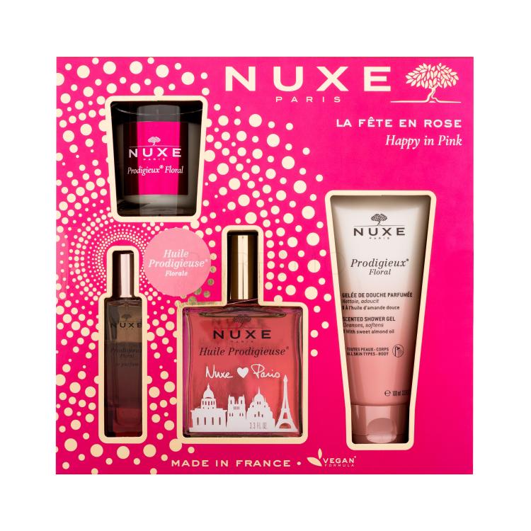 NUXE Happy In Pink Set cadou Ulei uscat Huile Prodigieuse Florale 100 ml + gel de duș Prodigieux Floral 100 ml + apă de parfum Prodigieux Floral 15 ml + lumânare Prodigieux Floral 70 g