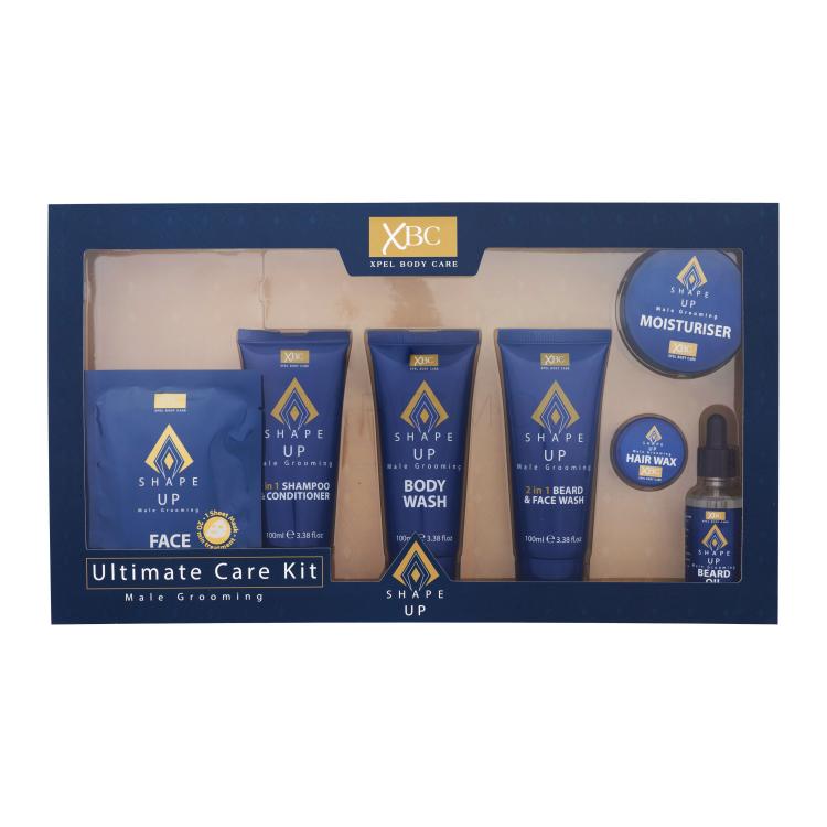 Xpel Shape Up Ultimate Care Kit Set cadou Gel de duș Shape Up 100 ml + gel pentru curățarea feței Shape Up 100 ml + șampon Shape Up 100 ml + cremă de față Shape Up 100 ml + ulei pentru barbă Shape Up 30 ml + ceară de păr Shape Up 20 g + mască de față Shape Up 1 buc