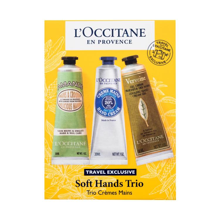 L&#039;Occitane Soft Hands Trio Set cadou Cremă de mâini Almond Delicious Hands 30 ml + cremă de mâini Shea Hand Cream Dry Skin 30 ml + cremă de mâini Verveine Cooling Hand Cream Gel 30 ml