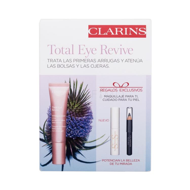 Clarins Total Eye Revive Eye Cream-Gel Set cadou Cremă de ochi Total Eye Revive 15 ml + ser pentru gene SOS Lashes Serum Mascara 3 ml + creion de ochi Crayon Khol 0,39 g 01 Carbon Black