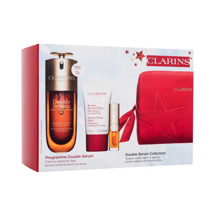 Clarins Double Serum Collection Set cadou Ser pentru față Double Serum 50 ml + balsam pentru față Beauty Flash Balm 15 ml + ulei pentru buze Lip Comfort Oil 1,4 ml 01 Honey + geantă cosmetică