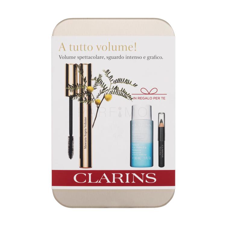 Clarins Mascara Supra Volume Set cadou Mascara Supra Volume 8 ml + demachiant Instant Eye Make-Up Remover 30 ml + creion de ochi Crayon Khol 0,39 g 01 Carbon Black