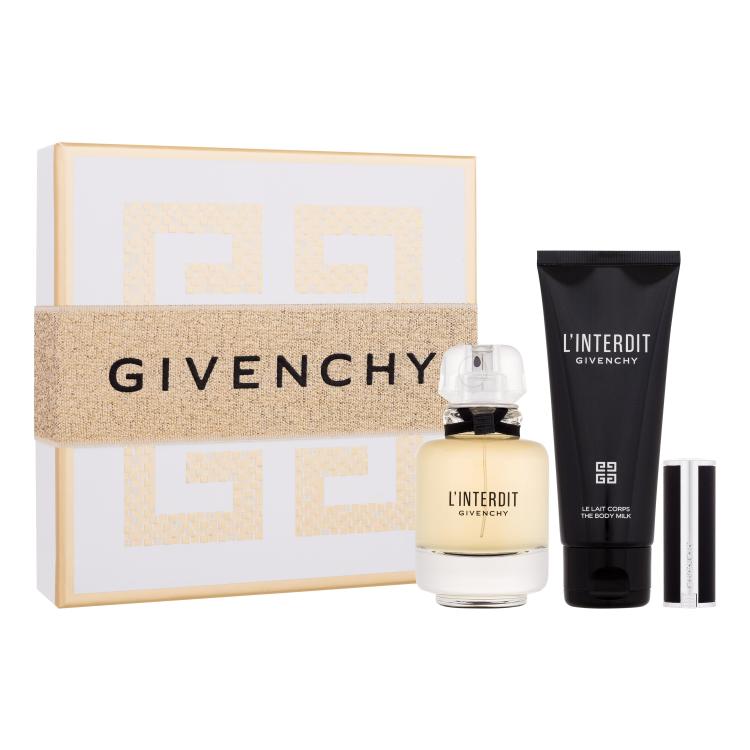 Givenchy L&#039;Interdit Set cadou Apă de parfum 50 ml + loțiune de corp 75 ml + ruj de buze Le Rouge Interdit Intense Silk 1,5 g 333