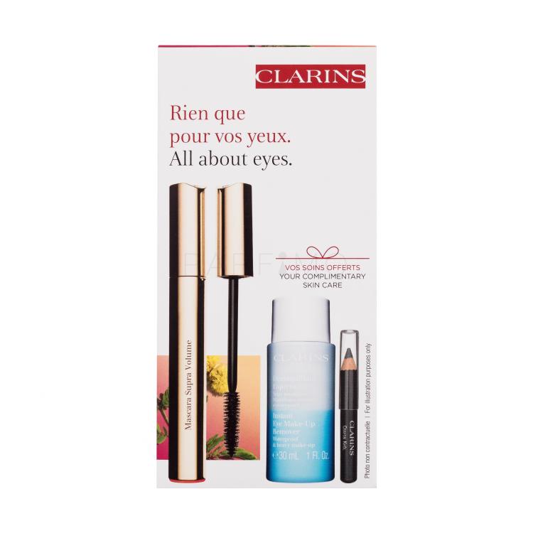 Clarins Mascara Supra Volume Set cadou Mascara Supra Volume 8 ml + demachiant de ochi Instant Eye Make-Up Remover 30 ml + creion de ochi Crayon Khol 0,39 g 01 Carbon Black